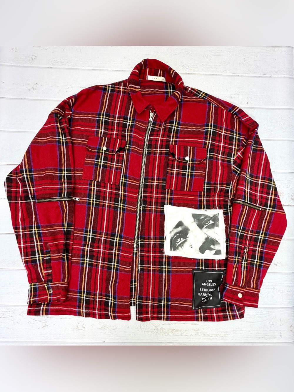 MNML Red Plaid Zip Front Graphic Patch Shirt 3XL Punk Grunge Streetwear